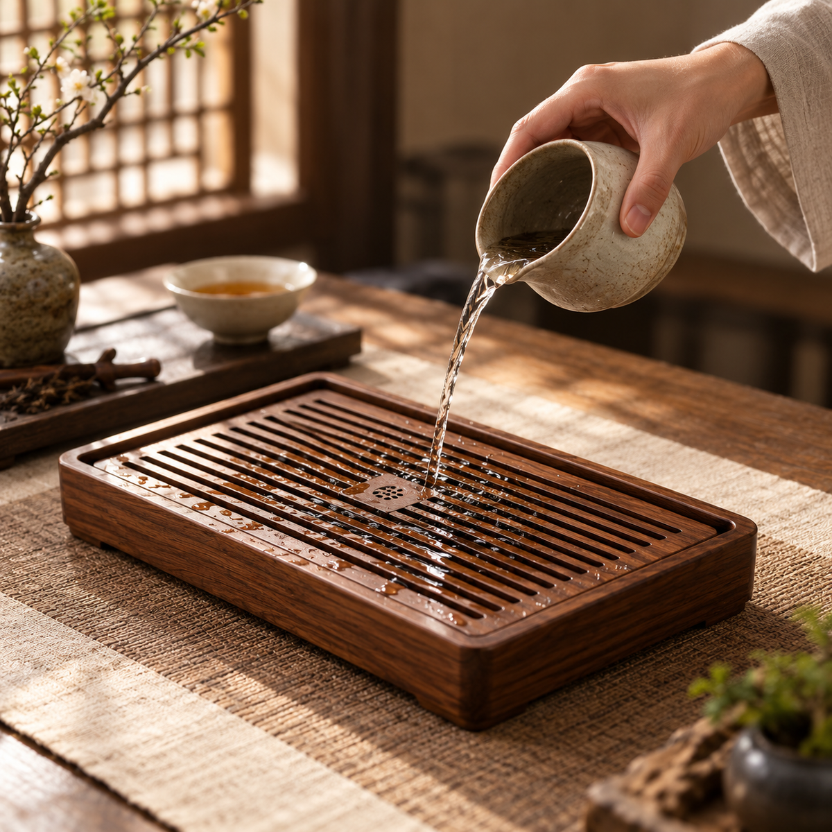 Walnut-Tone Slatted Tea Tray