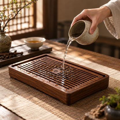 Walnut-Tone Slatted Tea Tray