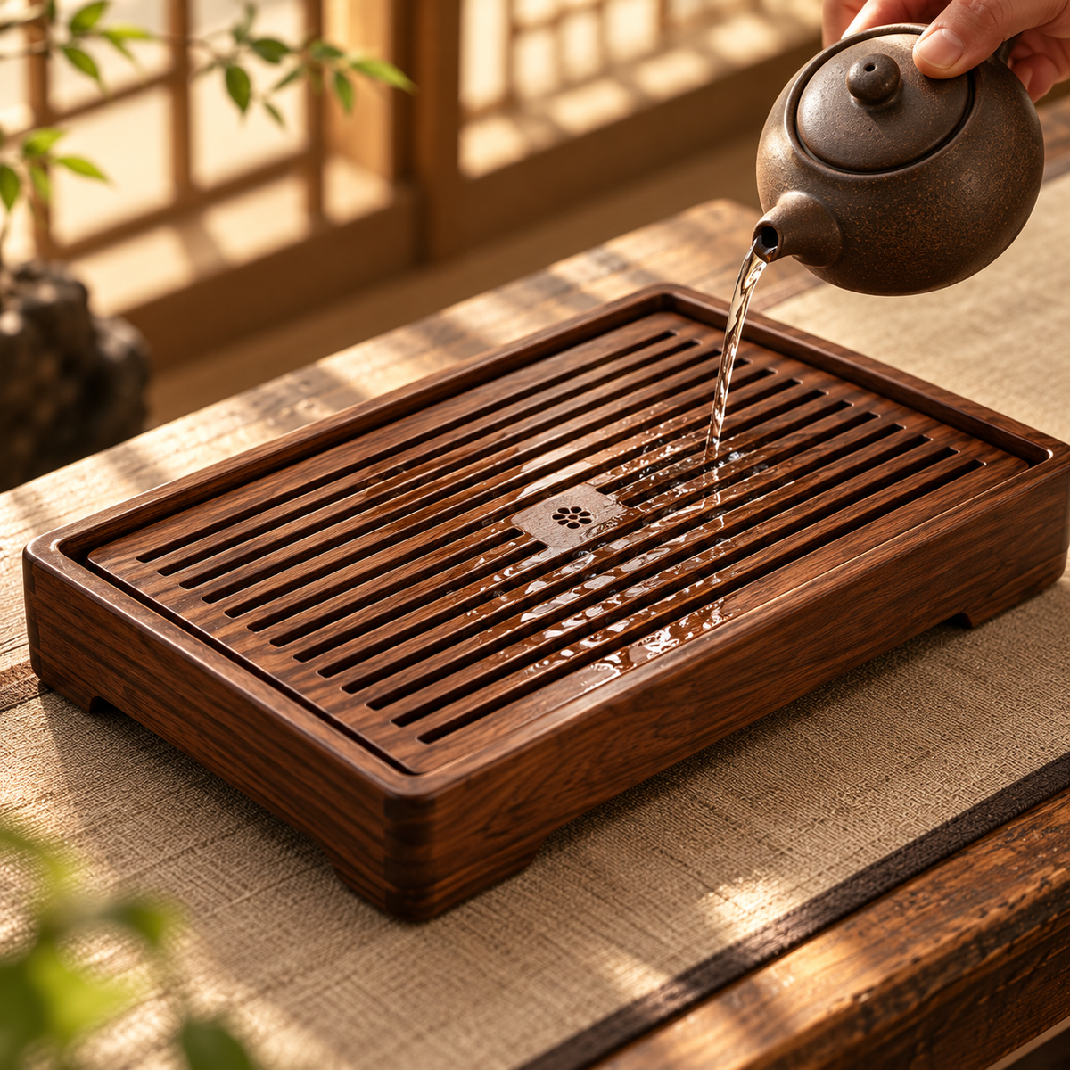 Walnut-Tone Slatted Tea Tray