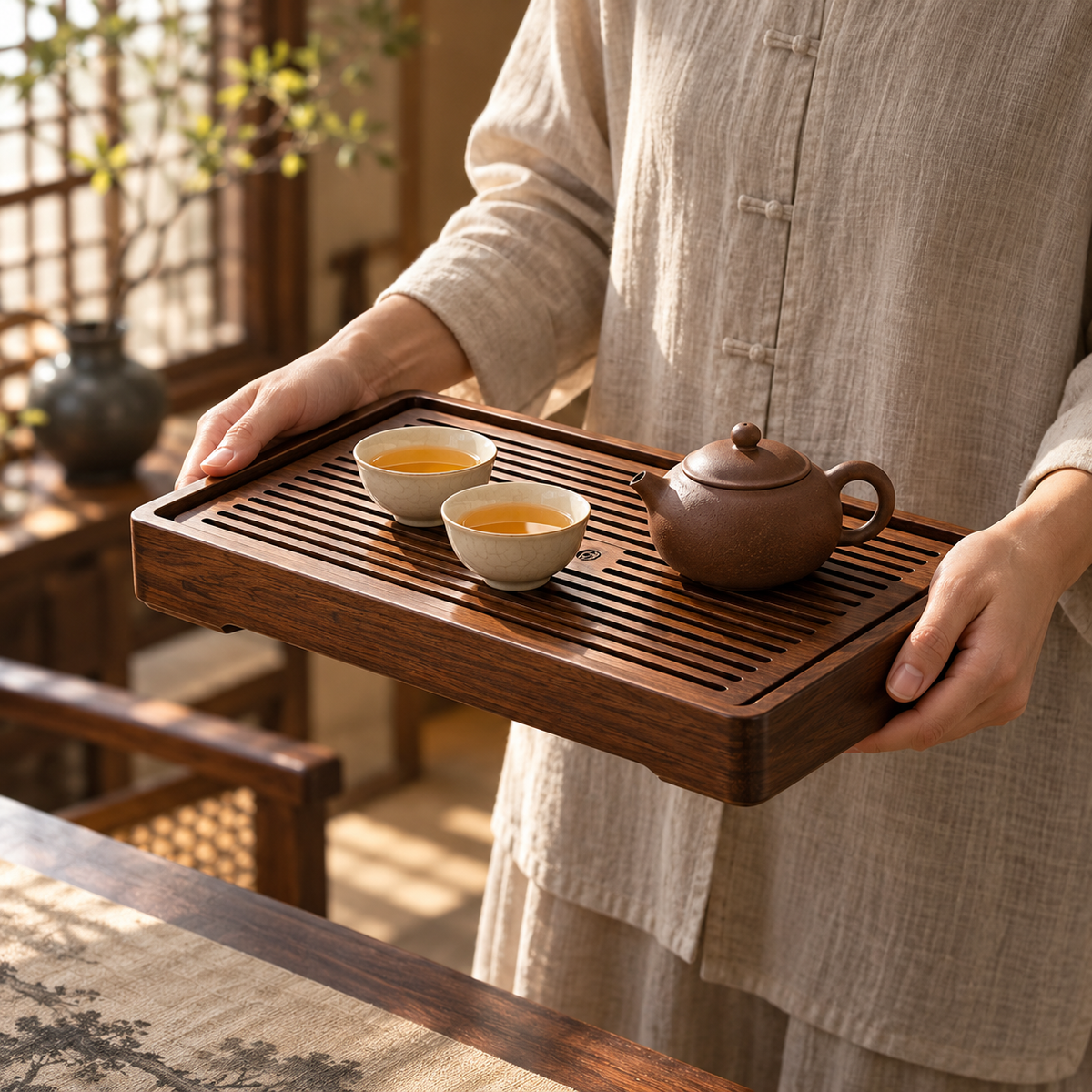 Walnut-Tone Slatted Tea Tray