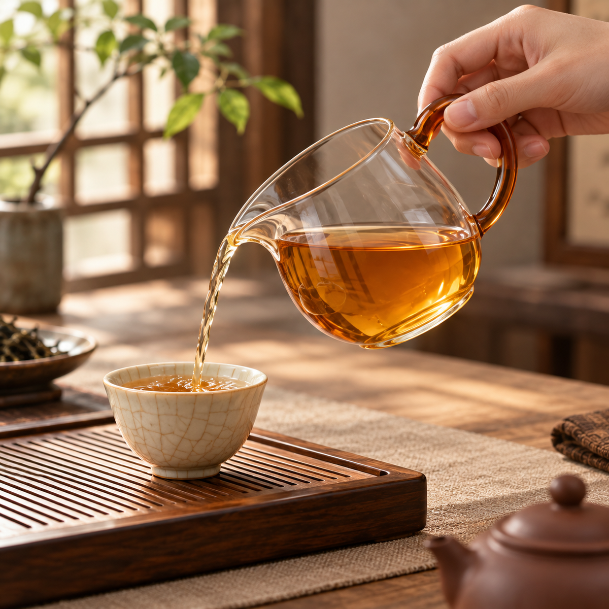 Glass Tea Pitcher With Amber Handle