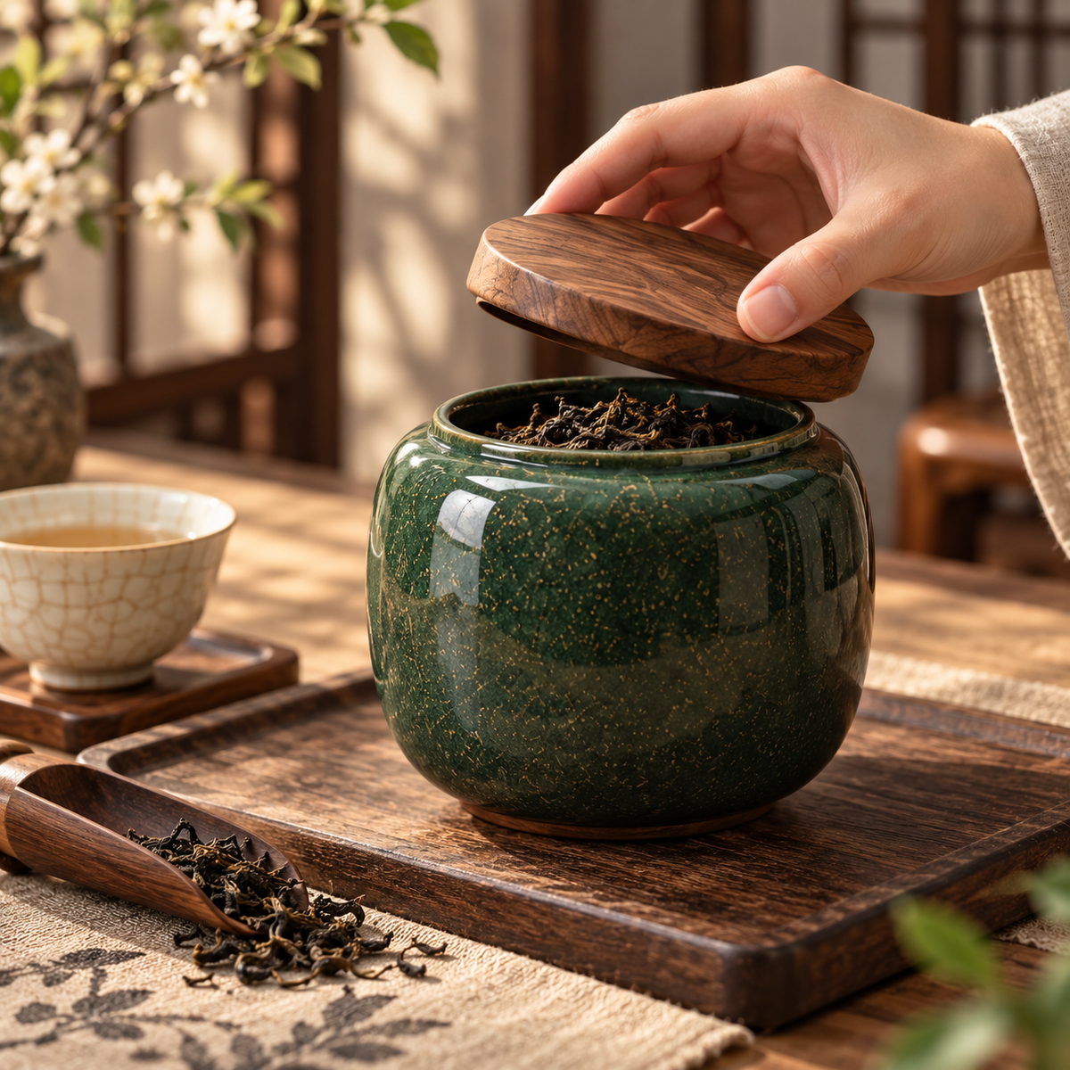 Green Ceramic Tea Jar With Wood Lid