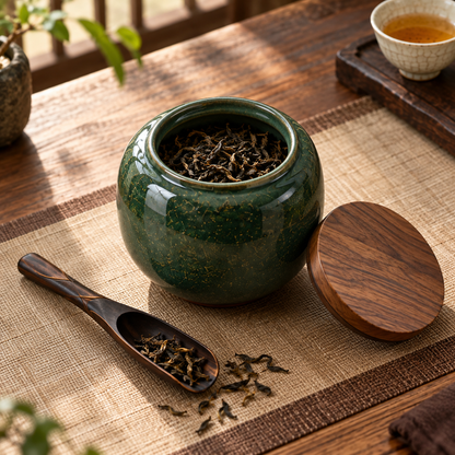 Green Ceramic Tea Jar With Wood Lid