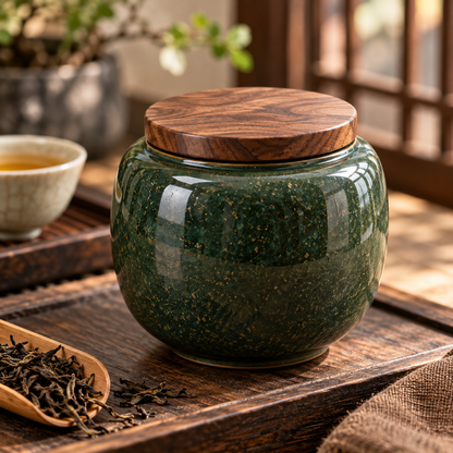 Green Ceramic Tea Jar With Wood Lid