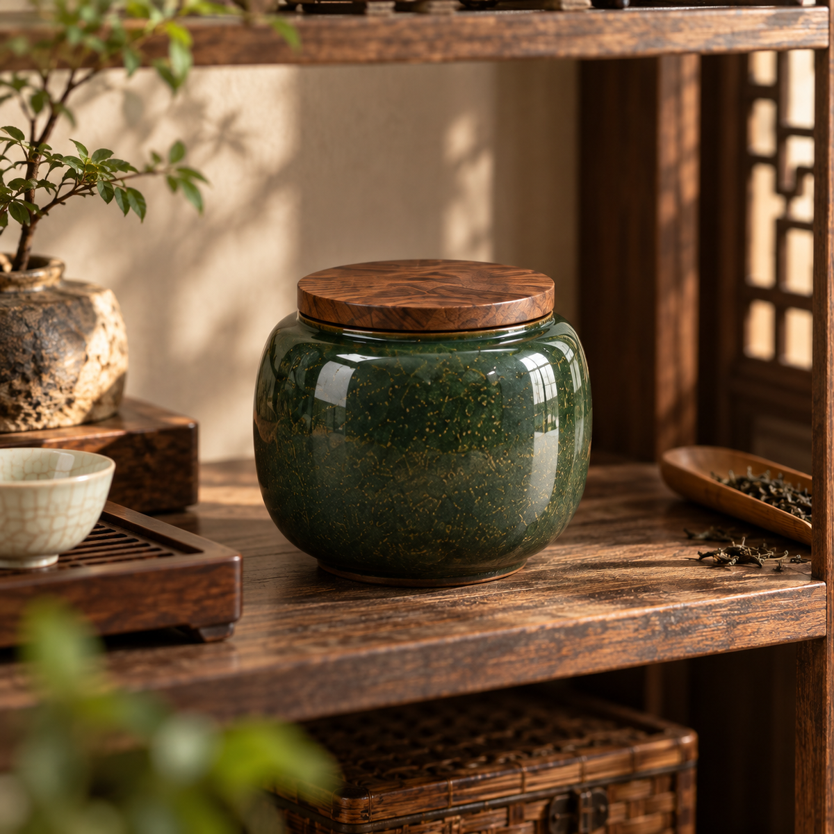 Green Ceramic Tea Jar With Wood Lid