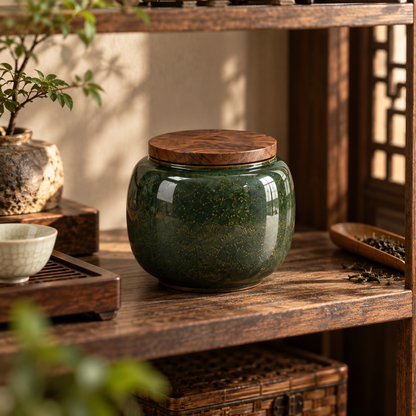 Green Ceramic Tea Jar With Wood Lid