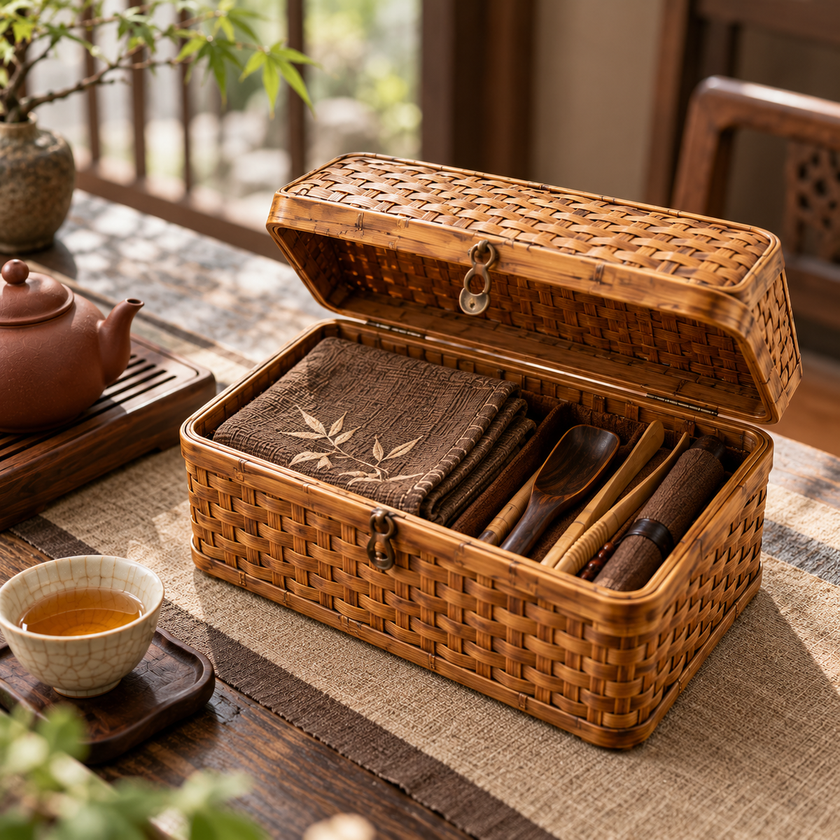 Woven Bamboo Tea Storage Basket