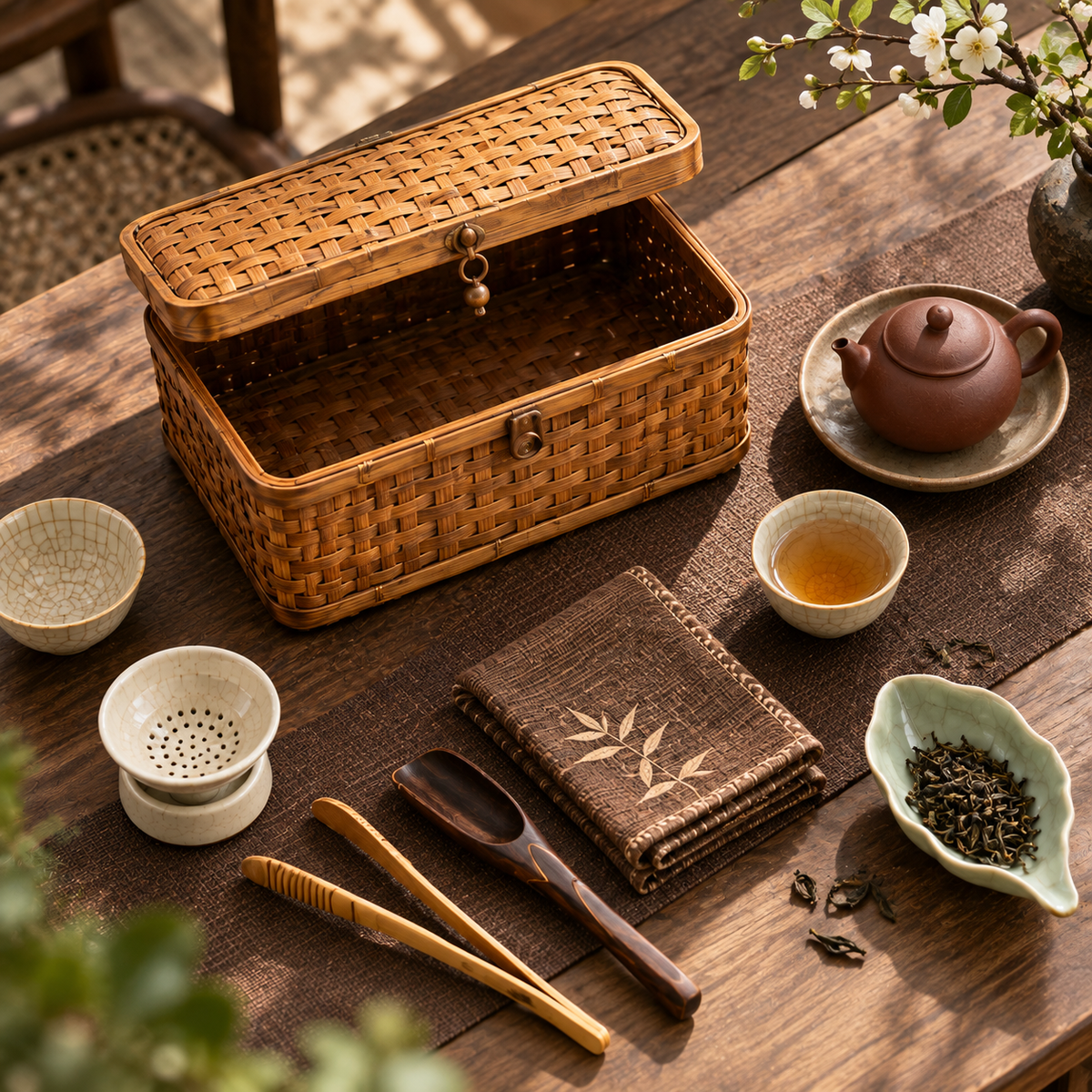 Woven Bamboo Tea Storage Basket