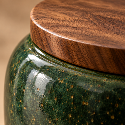 Green Ceramic Tea Jar With Wood Lid